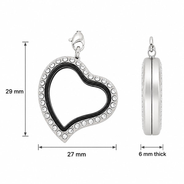 Silver heart-shaped floating charm locket  with clear rhinestone border, shown from front and side views with dimensions labeled 29 mm height, 27 mm width, and 6 mm thickness on a white background.