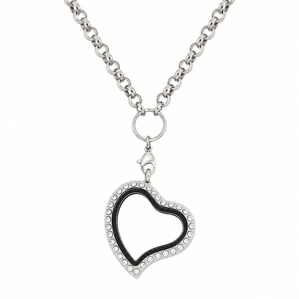 A silver-tone rolo chain with heart shaped floating charm locket necklace featuring a border of clear rhinestones, shown on a plain white background.