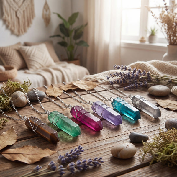 Crystal Pilar Necklaces Layed Out On Wooden Table