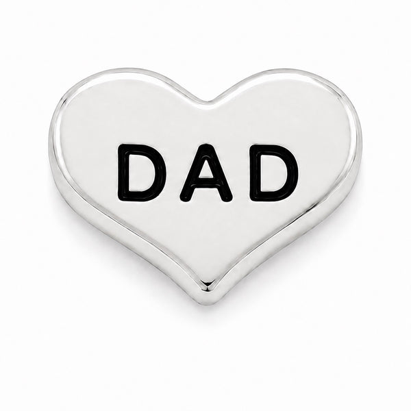 A polished silver heart-shaped Floating charm with the word 'DAD' engraved in bold black capital letters, shown on a clean white background.