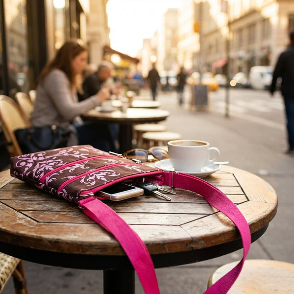 Pink And Brown Damask Swingpack cross body purse