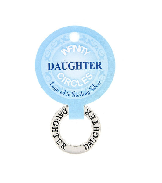 A sterling silver plated infinity circle token charm featuring the word 'DAUGHTER' repeated around the band, attached to a light blue round display card labeled DAUGHTER and 'Layered in Sterling Silver'.