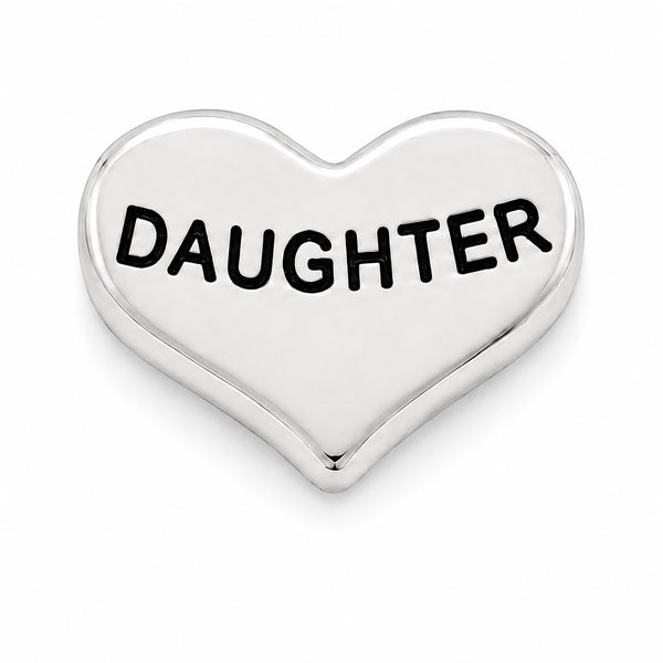 A polished silver heart-shaped Floating charm with the word 'DAUGHTER' engraved in bold black capital letters, shown on a clean white background.