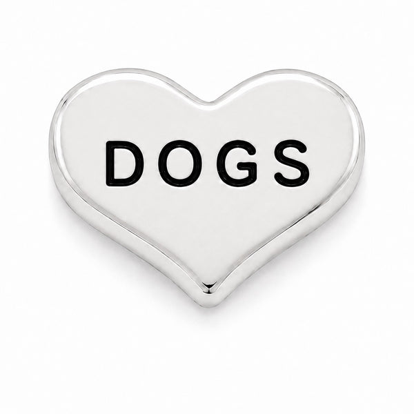A polished silver heart-shaped Floating charm with the word 'DOGS' engraved in bold black capital letters, shown on a clean white background.