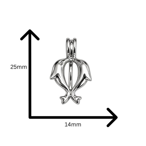 Dolphin cage necklace for love pearls showing size guide 25mm x 14mm