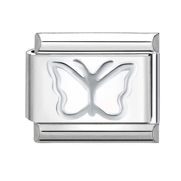 A polished silver 9mm Italian charm link featuring an embossed butterfly motif, shown on a plain white background.