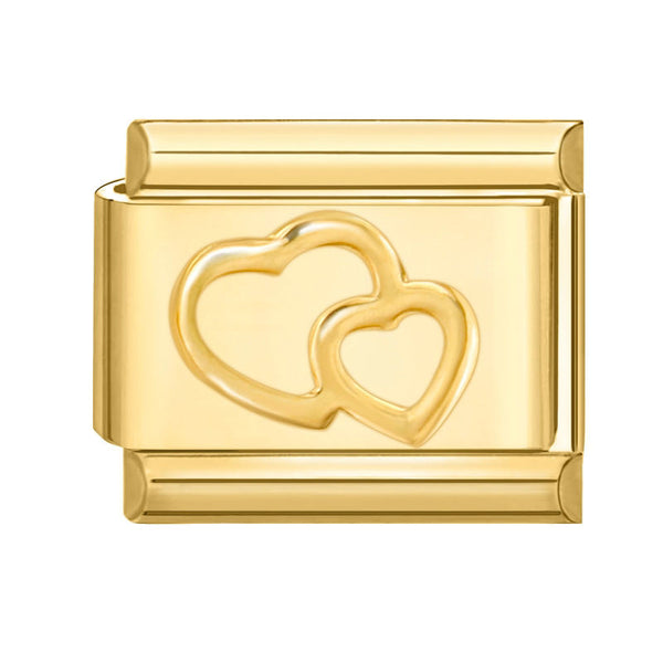 Gold 9mm Italian charm with embossed design of two interlocking hearts on a white background