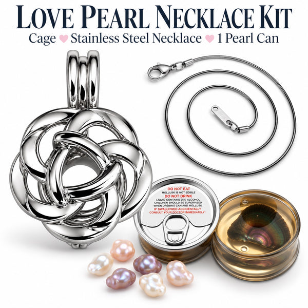 Endless Knot Cage Pendant For Love Pearl With Stainless Steel Chain, Shown With Assorted Colors Of Loose Pearls