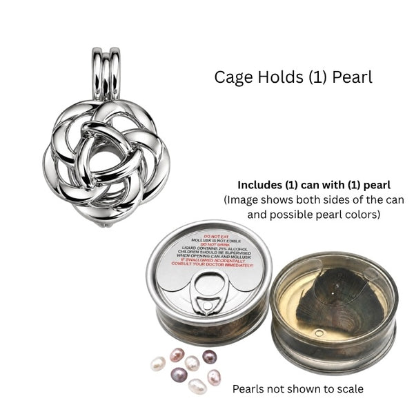 Endless Knot Love Pearl Cage Pendant Shown With Two Cans With Mollusk And Pearl Inside With Various Loose Pearls In Assorted Colors Scattered