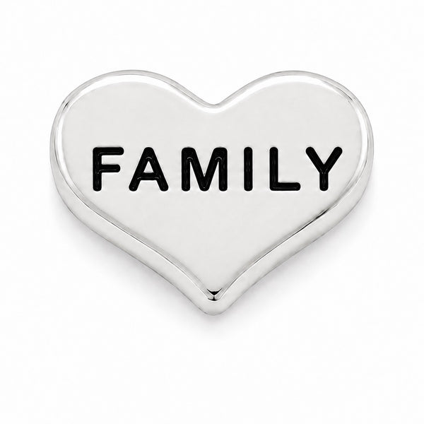 A polished silver heart-shaped Floating charm with the word 'FAMILY' engraved in bold black capital letters, shown on a clean white background.