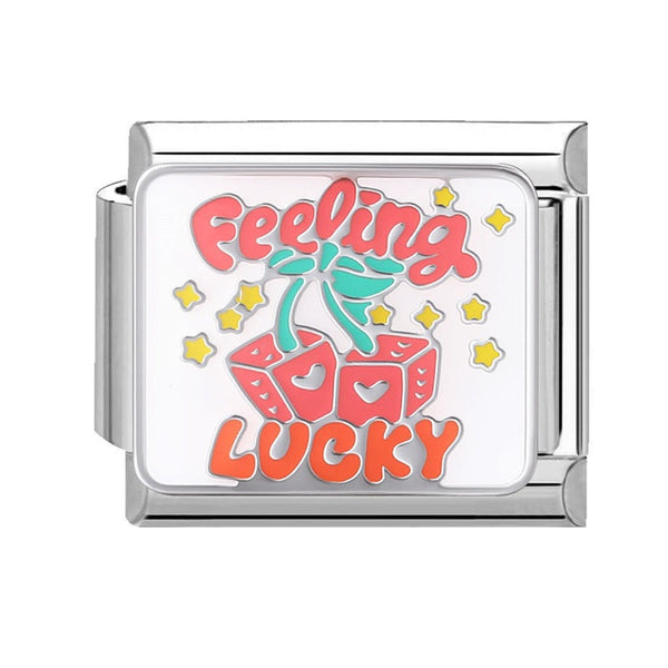 Silver 9mm Italian charm with 'Feeling Lucky' text and colorful design on a white background