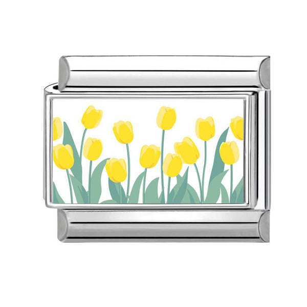 A 9mm Italian charm link featuring a printed design of yellow tulips with green stems on a white background.