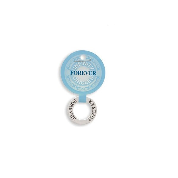 A circular sterling silver infinity charm with the words 'FOREVER' and 'INFINITY CIRCLES' printed in blue, attached to a silver metal ring engraved with 'FOREVER' on a plain white background.