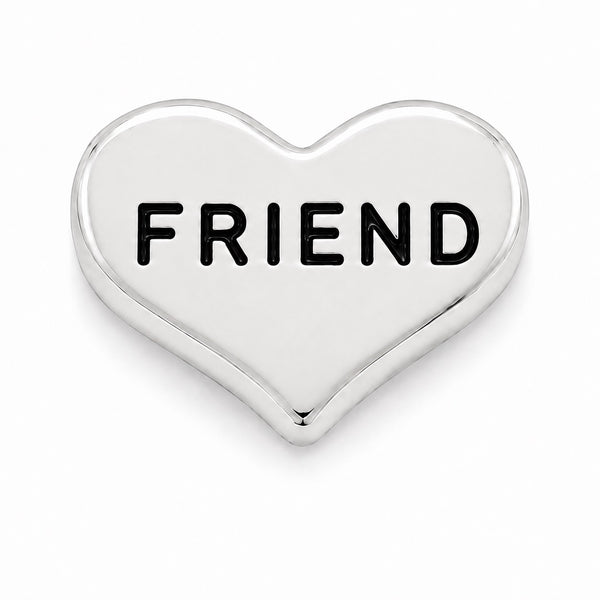 A polished silver heart-shaped Floating charm with the word 'FRIEND' engraved in bold black letters, shown on a clean white background.