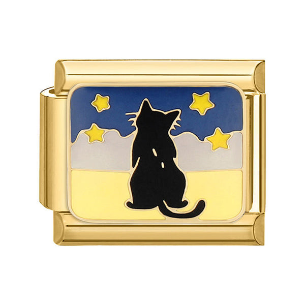 Gold 9mm Italian charm with a black cat silhouette and star design on a blue and yellow background
