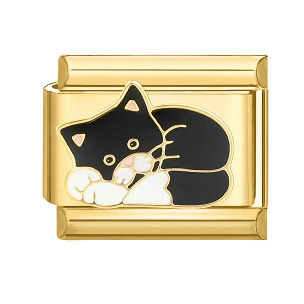 Gold 9mm Italian charm with black cat design on a white background