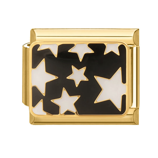 Gold 9mm Italian charm with black and white star design on a white background
