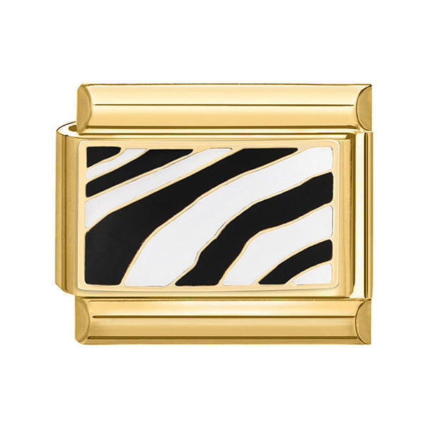 Gold 9mm Italian charm with zebra print pattern on a white background
