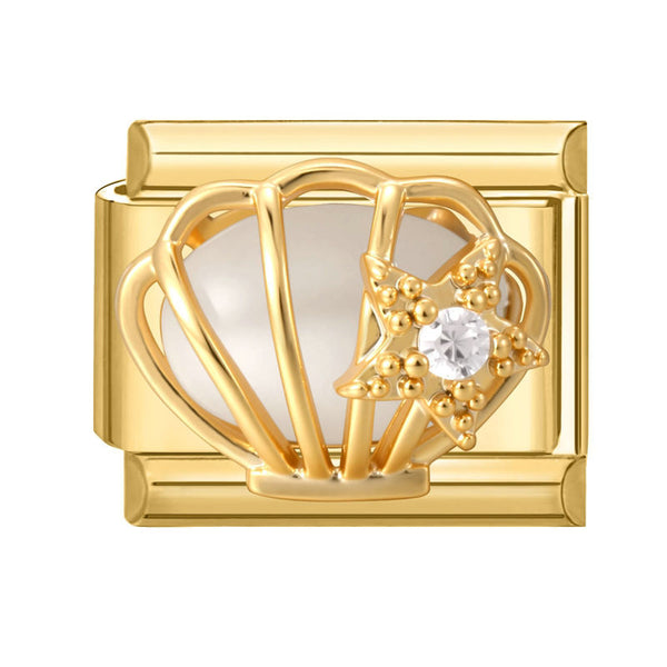 Gold 9mm Italian charm with a pearlescence clam design, starfish with crystal on a white background