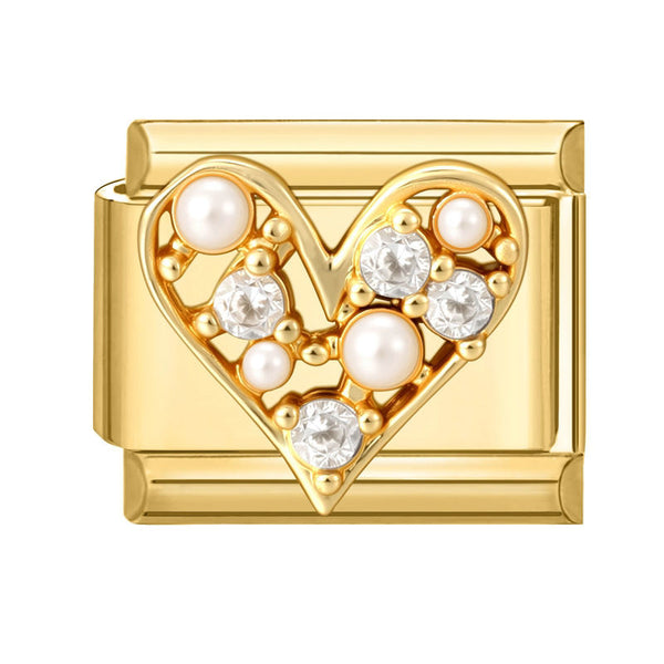 Gold heart-shaped 9mm Italian charm with pearls and crystals on a white background
