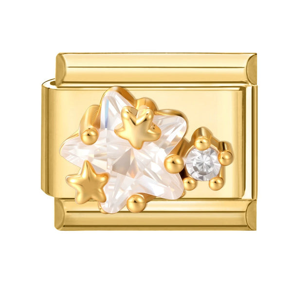 Gold and crystal star 9mm Italian charm on a white background