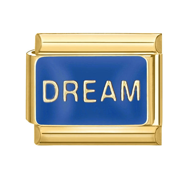 Gold 9mm Italian charm with blue center displaying the word 'DREAM'