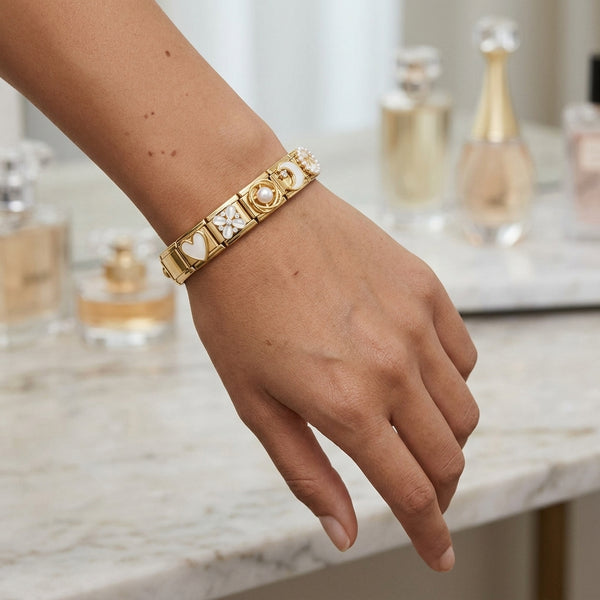 Gold 9mm Italian Charm Bracelet With Assorted Crystal, Pearl And White Enameling
