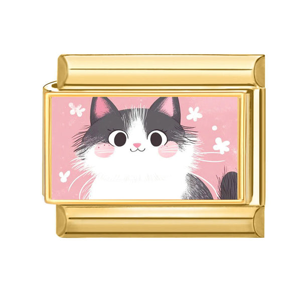 Gold 9mm Italian charm with picture of a cartoon fluffy gray and white cat with rosy cheeks on a pink background with flowers