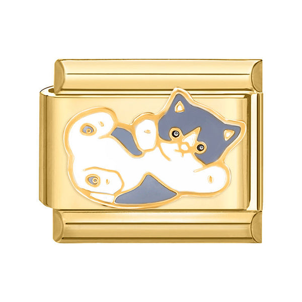 Gold 9mm Italian charm with a playful gray and white cat on a white background
