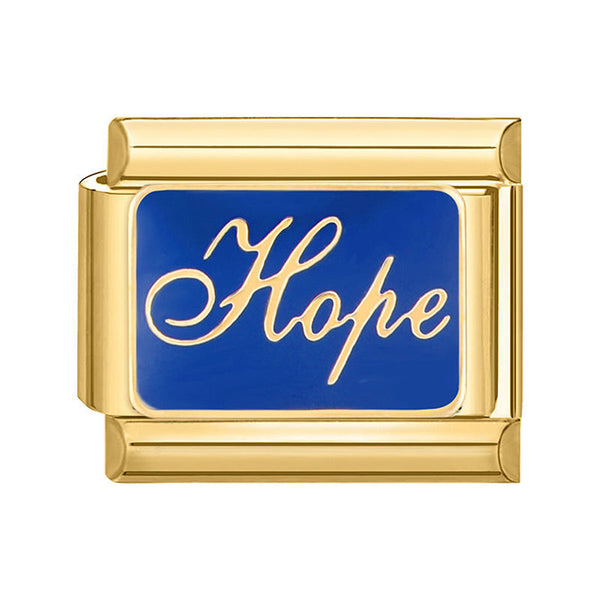 Gold 9mm Italian charm with 'Hope' on a blue background