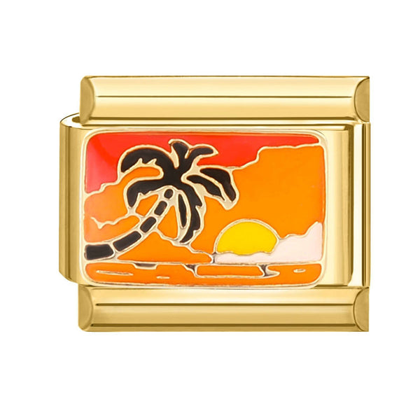 Gold 9mm Italian charm with a tropical design featuring a palm tree and sunset on an orange background.