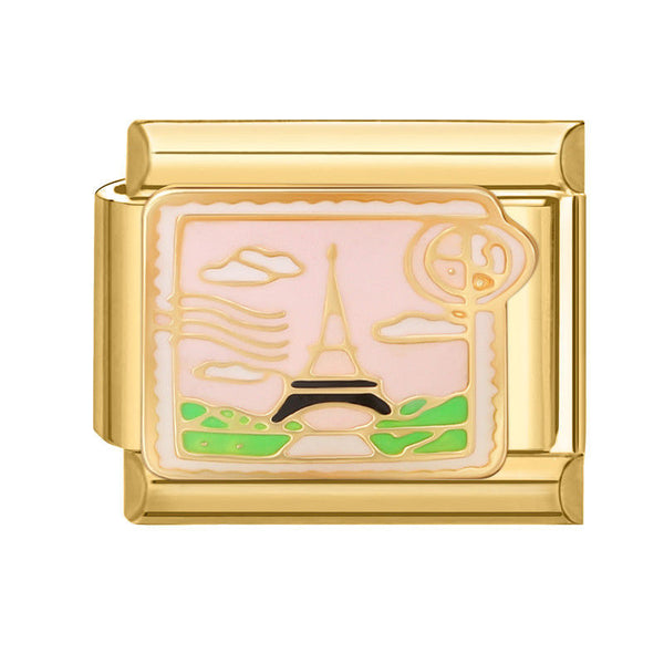 Gold 9mm Italian charm with Eiffel Tower design on a white background