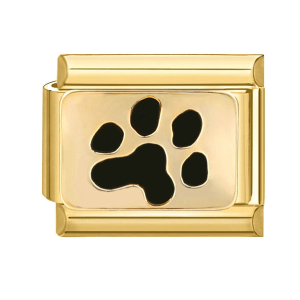 Gold 9mm Italian charm with black paw print design on a white background