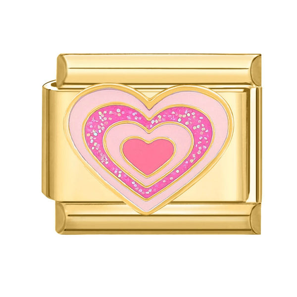 Gold 9mm Italian charm with radiating pink heart design on a white background