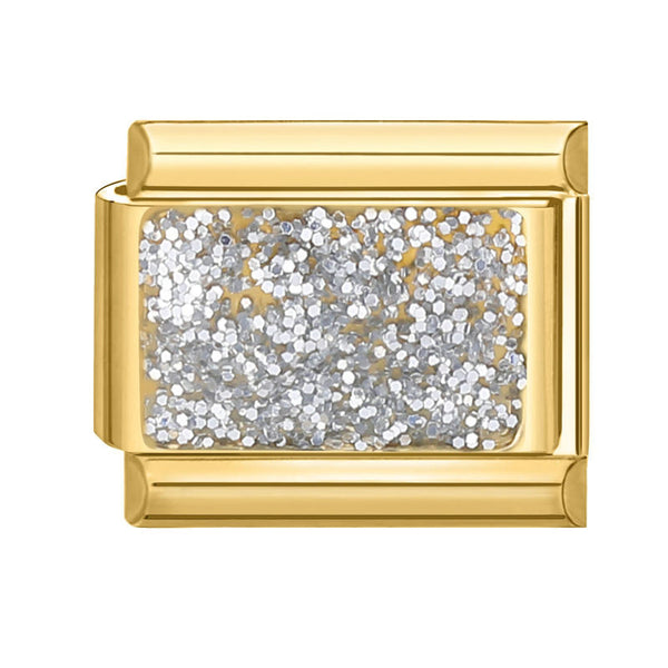 Gold 9mm Italian charm with silver glitter on white background