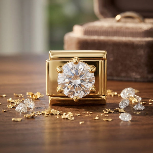Gold 9mm Italian charm with a large diamond solitaire and smaller diamonds and gold flakes on a wooden surface