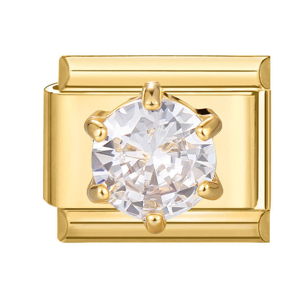 Gold 9mm Italian charm with a diamond solitaire on a white background