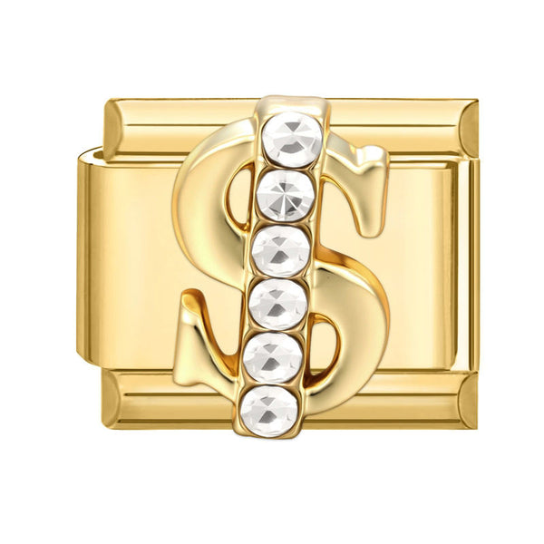 Gold 9mm Italian charm dollar sign and crystals on a white background