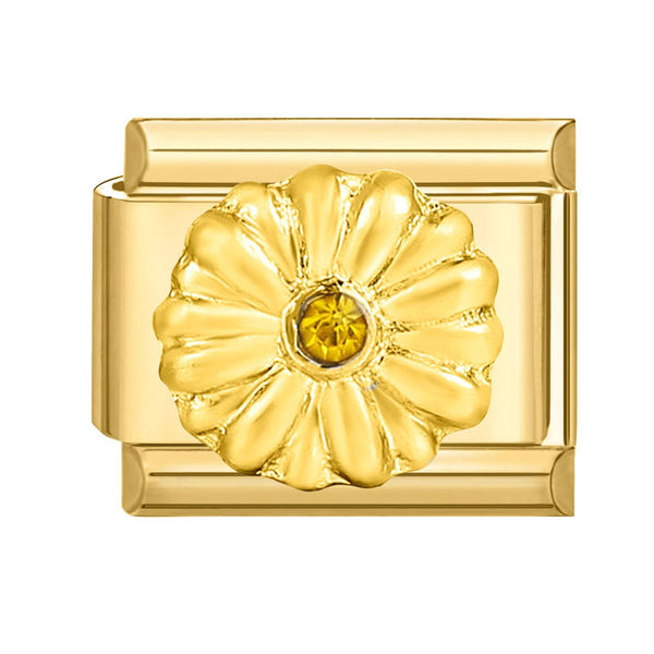 Gold Daisey flower 9mm Italian charm with citrine center stone  on a white background