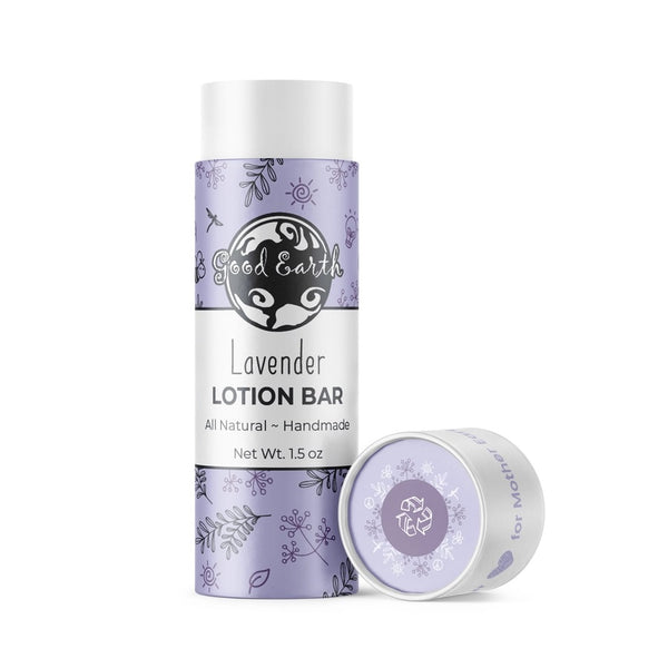 Good Earth Soap Co. Lavender Lotion Bar in a white eco-friendly paperboard tube with the matching lid displayed beside it on a white background.