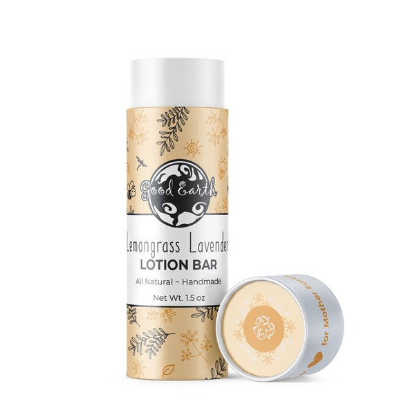 Good Earth Soap Co. Lamongrass Lavender Lotion Bar in a white eco-friendly paperboard tube with the matching lid displayed beside it on a white background.