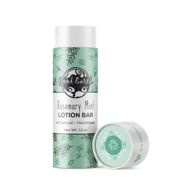 Good Earth Soap Co. Rosemary Mint Lotion Bar in a white eco-friendly paperboard tube with the matching lid displayed beside it on a white background.