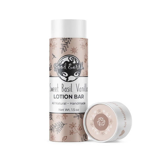 Good Earth Soap Co. Sweet Basil Vanilla Lotion Bar in a white eco-friendly paperboard tube with the matching lid displayed beside it on a white background.