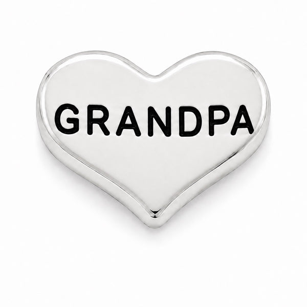 A polished silver heart-shaped Floating charm with the word 'GRANDPA' in bold black capital letters, shown on a clean white background.