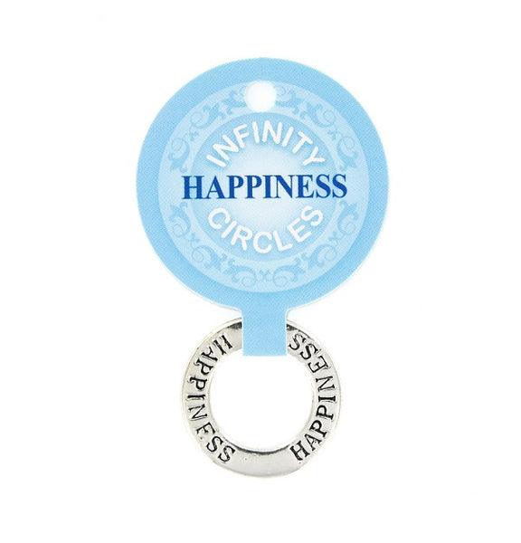 A silver plated metal infinity circle charm engraved with 'HAPPINESS' in a circular loop, attached to a light blue paper hanger card printed with 'INFINITY HAPPINESS CIRCLES'.