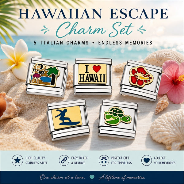 Hawaiian Escape Charm Set featuring five stainless steel Italian charm links with colorful enamel designs including a beach scene, 'I Love Hawaii' text, a red flower, a surfer silhouette, and a green turtle, presented on a white background with product details.