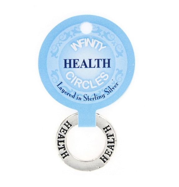 A silver Health Infinity Circle token chip with 'HEALTH' engraved on the token, attached to a light blue round display card labeled 'INFINITY CIRCLES' and 'Layered in Sterling Silver'.