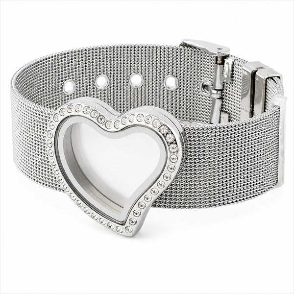 A stainless steel mesh floating charm locket bracelet watch featuring a curvy heart-shaped bezel set with small clear rhinestones, shown on a clean white background.