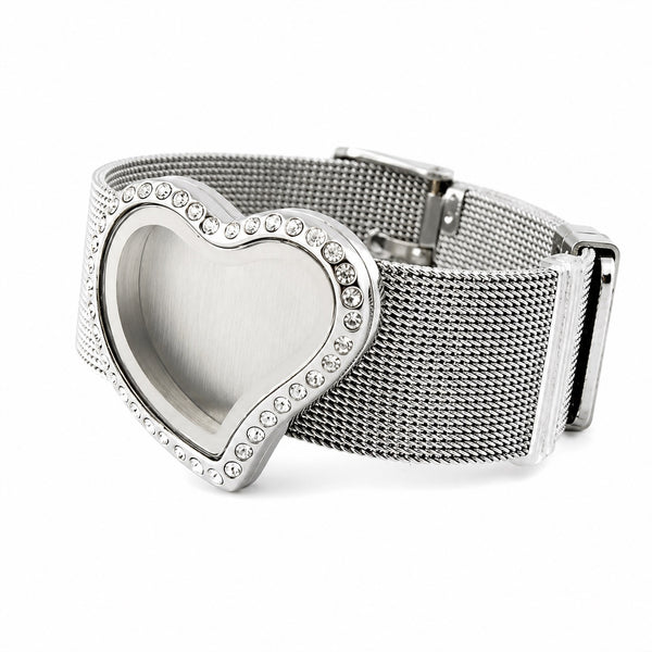 Curvy Crystal Heart Stainless Steel Floating Charm Locket Bracelet With Mesh Buckle Band