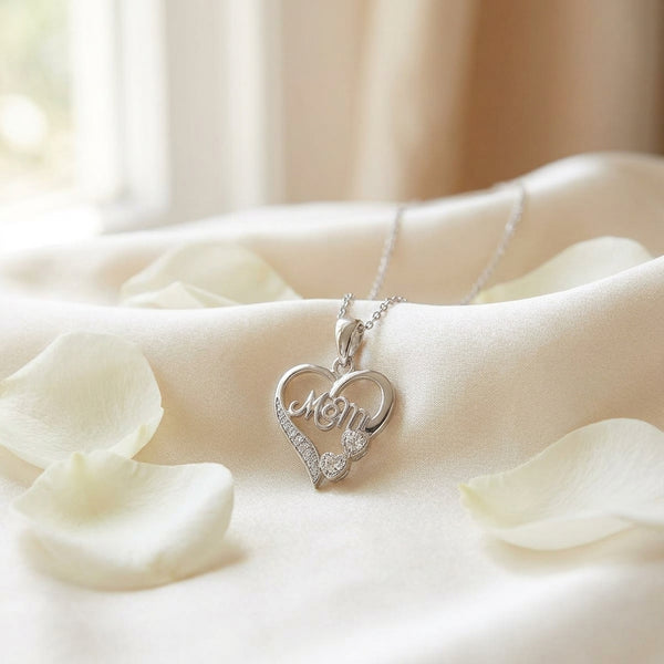 Silver 'Mom' heart-shaped crystal necklace 